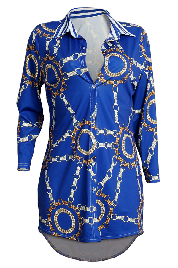  Trendy Turndown Collar Printed Blue Healthy Fabric Mini Dress(Without Belt)