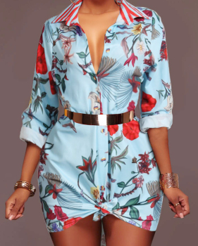  Trendy Turndown Collar Printed Light Blue Healthy Fabric Mini Dress(Without Belt)