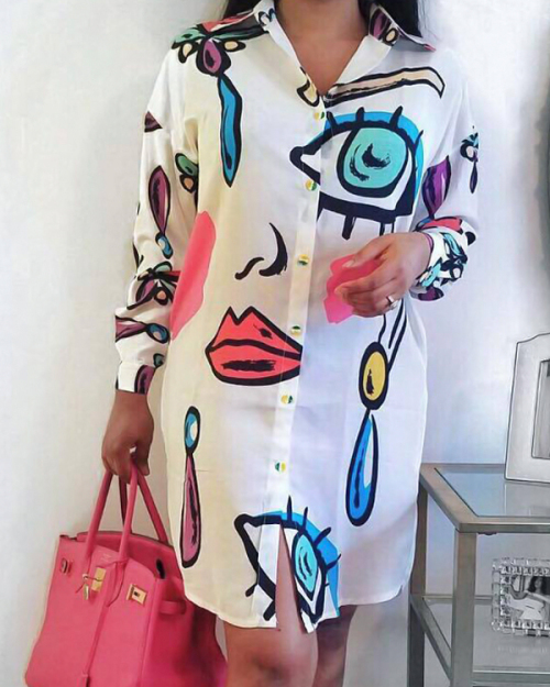 Trendy Turndown Collar Printed White Polyester Knee Length Dress Trendy Turndown Collar Printed White Polyester Knee Length Dress