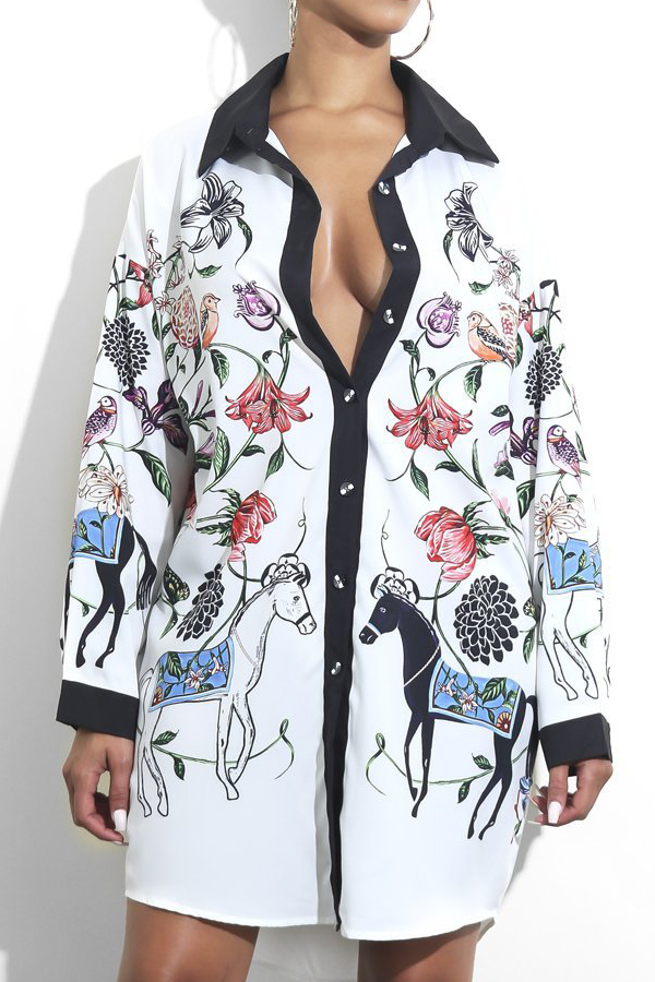  Trendy Turndown Collar Printed White Polyester Mini Dress