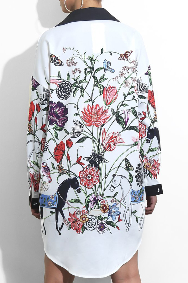  Trendy Turndown Collar Printed White Polyester Mini Dress