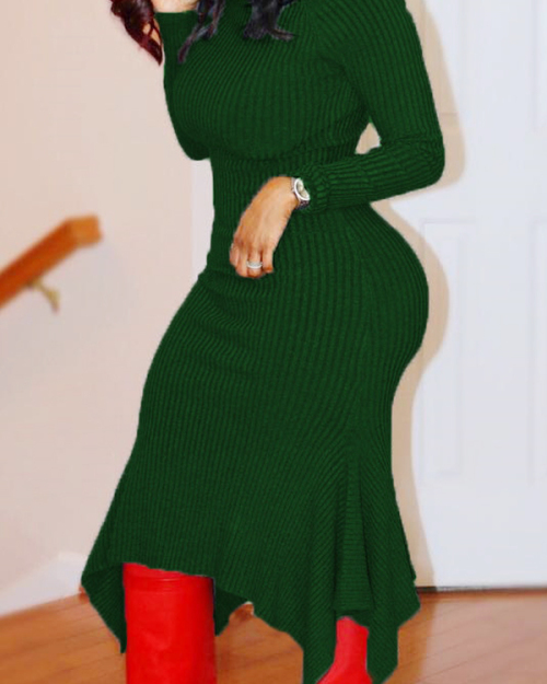 Trendy Turtleneck Asymmetrical Green Cotton Sheath Mid Calf Dress Trendy Turtleneck Asymmetrical Green Cotton Sheath Mid Calf Dress