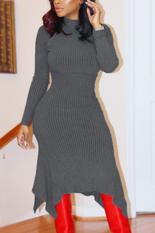 Trendy Turtleneck Asymmetrical Grey Cotton Sheath Mid Calf Dress