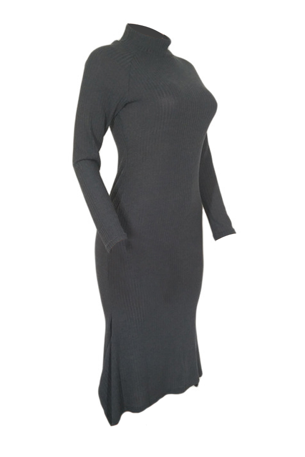  Trendy Turtleneck Asymmetrical Grey Cotton Sheath Mid Calf Dress