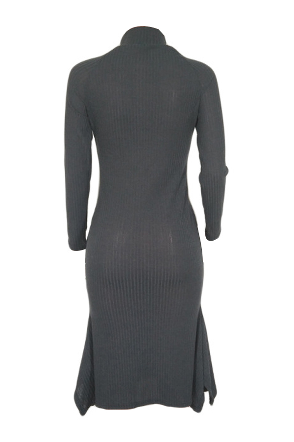  Trendy Turtleneck Asymmetrical Grey Cotton Sheath Mid Calf Dress