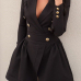  Trendy V Neck Double-breasted Design Black Linen Mini Dress