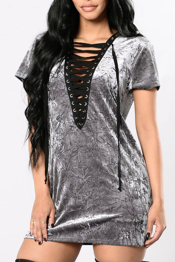  Trendy V Neck Lace-up Hollow-out Grey Velvet Sheath Mini Dress
