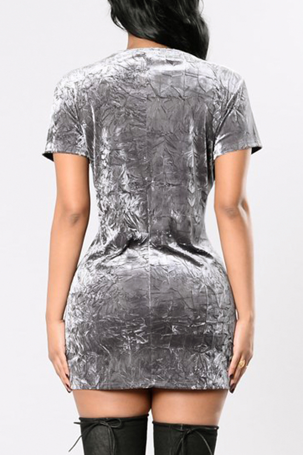  Trendy V Neck Lace-up Hollow-out Grey Velvet Sheath Mini Dress