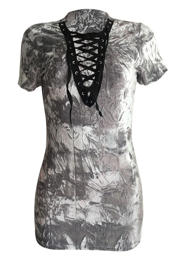  Trendy V Neck Lace-up Hollow-out Grey Velvet Sheath Mini Dress