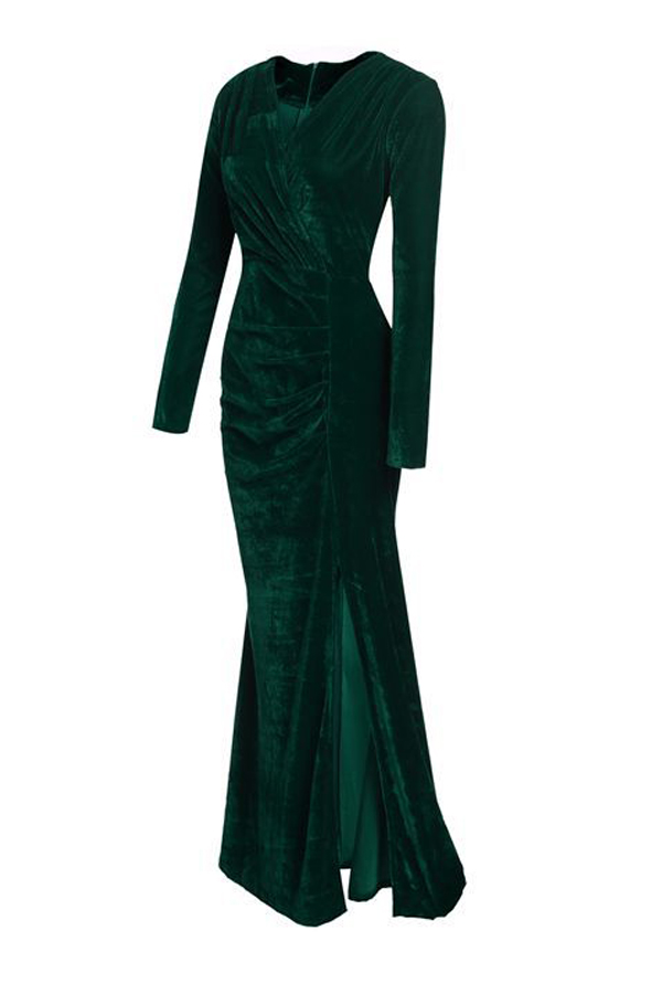  Trendy V Neck Velvet Fold Design Green Velvet Mermaid Ankle Length Dress