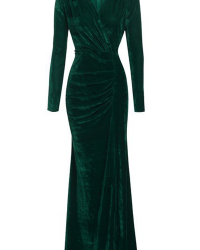 Trendy V Neck Velvet Fold Design Green Velvet Mermaid Ankle Length Dress Trendy V Neck Velvet Fold Design Green Velvet Mermaid Ankle Length Dress
