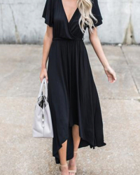  V Neck Black Irregular Maxi Dress