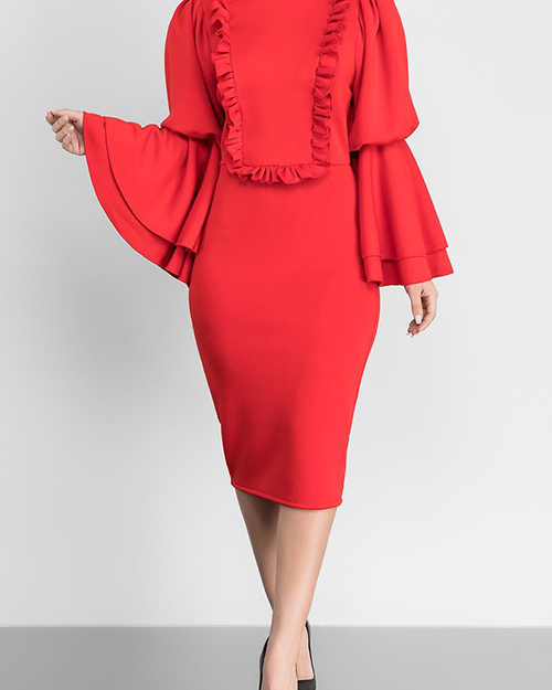 Vintage Mandarin Collar Trumpet Sleeves Ruffle Design Red Polyester Knee Length Dress Vintage Mandarin Collar Trumpet Sleeves Ruffle Design Red Polyester Knee Length Dress