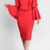 Vintage Mandarin Collar Trumpet Sleeves Ruffle Design Red Polyester Knee Length Dress Vintage Mandarin Collar Trumpet Sleeves Ruffle Design Red Polyester Knee Length Dress