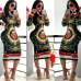 2018 Autumn Long Sleeve O-neck Poker playing  cards Vintage Chain Print Dresses women sexy Bandage nightclub Midi dress Y133