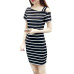 2018 New Boat Neck Oblique Shoulder Cotton Striped Short Sleeve Casual Dress Slim Summer Dresses