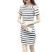 2018 New Boat Neck Oblique Shoulder Cotton Striped Short Sleeve Casual Dress Slim Summer Dresses