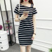 2018 New Boat Neck Oblique Shoulder Cotton Striped Short Sleeve Casual Dress Slim Summer Dresses