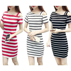 2018 New Boat Neck Oblique Shoulder Cotton Striped Short Sleeve Casual Dress Slim Summer Dresses