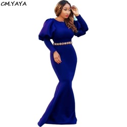 2018 winter autumn women o-neck puff long sleeve high waist mermaid maxi floor length dress fashion casual long dresses K9303