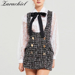 2019 Autumn Winter 2 Piece Set Dress Women Ruffles Bow Shirt Lace Top+Plaid Sleeveless Tweed Vest Dress Double Breasted Overalls