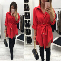 2019 Irregular tie waist shirt dress Women autumn 2017 wrap dress Long sleeve turn down collar Army green red short mini dresses