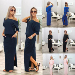 2019 New Sexy Summer Loose Casual Solid Color Long Dress Half Sleeve Slash Neck Off Shoulder Ankle -Length Cotton Straight Dress