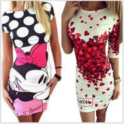 2019 New Summer Dresses Fashion Women Clothing Robe Sexy Cartoon Bodycon Miki Print O-Neck Mini Casual Sheath Dresses Vestidos