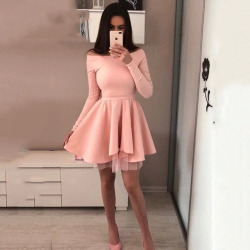 2019 New Women Arrival Spring Casual Lace Dress One word collar Long Sleeve Cute Mini Party Dress A-Line Pink Red Dresses