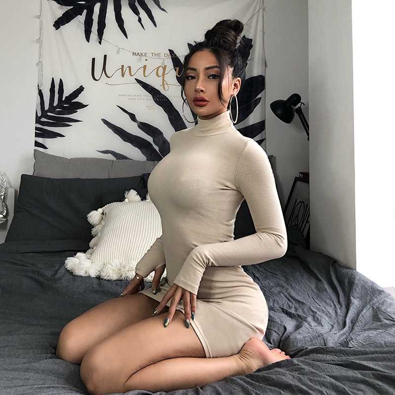 2019 Solid color dress with long sleeves high collar dress  #95132