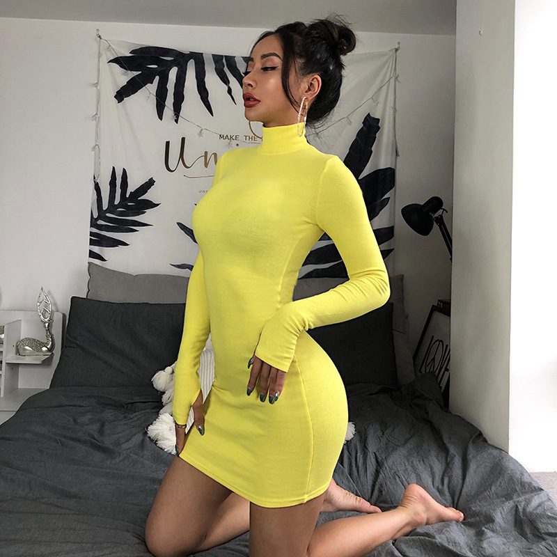 2019 Solid color dress with long sleeves high collar dress  #95133