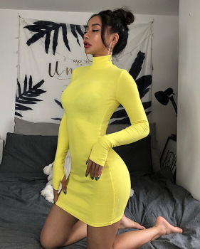 2019 Solid color dress with long sleeves high collar dress  #95133