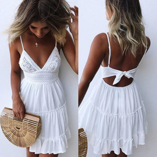 2019 Summer Dress Sexy Solid Color Deep V-Neck Sleeveless Dresses Casual Backless Bow Lace Mosaic Spaghetti Mini Female Vestidos