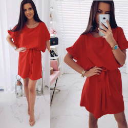 2019 Summer New Fashion Loose Dress Casual Bat Sleeve Ruffled Solid Ladies Dresses O-neck Belt Elegant Party Female Vestidos