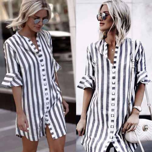 2019 Summer New Fashion Women Dress Half Sleeve Stand Collar Stripe Dresses Cardigan Style Loose Casual Vintage Female Vestidos