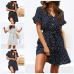 2019 Summer Short Dress Women Short Sleeve Beach Dot Print Dress Sexy V Neck Button Chiffon Mini Party Dresses Ladies Vestidos