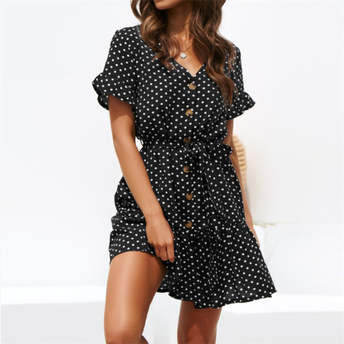 2019 Summer Short Dress Women Short Sleeve Beach Dot Print Dress Sexy V Neck Button Chiffon Mini Party Dresses Ladies Vestidos