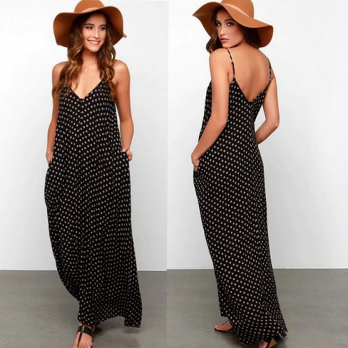 2019 Women Polka Dot Print V Neck Sleeveless Sundress Loose Maxi Long Beach Bohemian Vintage Dress S to 5XL Summer Dress