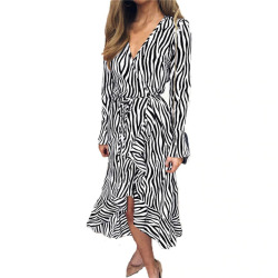 2019 Women Summer Chiffon Dress Long Sleeve Zebra Striped Print Dress Ruffles Casual A-Line Midi Vintage Party Dresses Vestidos