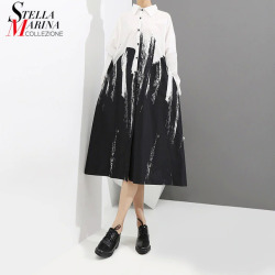 2019 Women Summer Painting Style Loose White Shirt Dress Long Sleeve Print Female Plus Size Party Club Midi Casual Dresses 3400