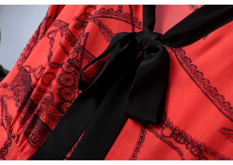 2019 short sleeve lace-up v-neck printed silk dress MIDI skirt womenswear temperament fashion big skirt woman #95054