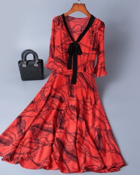 2019 short sleeve lace-up v-neck printed silk dress MIDI skirt womenswear temperament fashion big skirt woman #95054