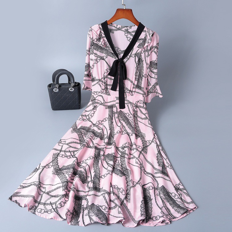 2019 short sleeve lace-up v-neck printed silk dress MIDI skirt womenswear temperament fashion big skirt woman #95055