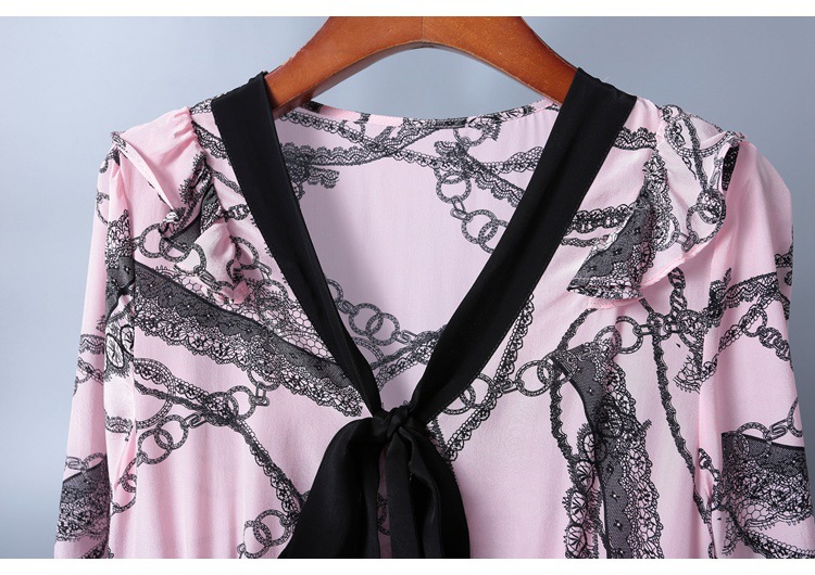 2019 short sleeve lace-up v-neck printed silk dress MIDI skirt womenswear temperament fashion big skirt woman #95055