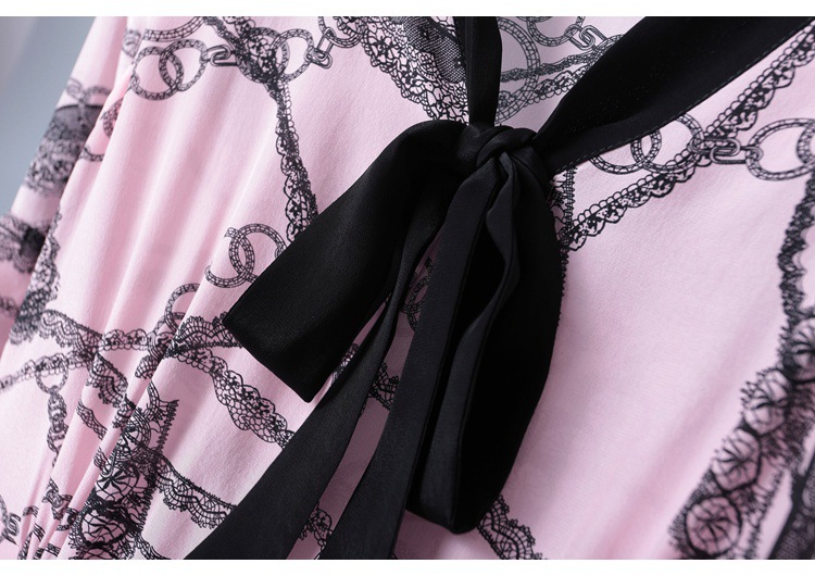 2019 short sleeve lace-up v-neck printed silk dress MIDI skirt womenswear temperament fashion big skirt woman #95055