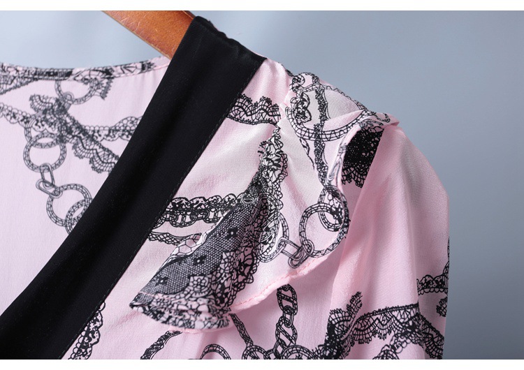 2019 short sleeve lace-up v-neck printed silk dress MIDI skirt womenswear temperament fashion big skirt woman #95055