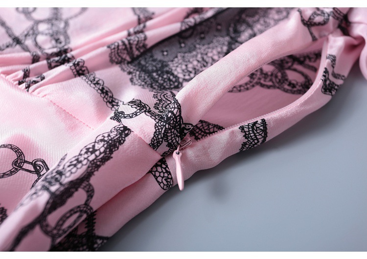 2019 short sleeve lace-up v-neck printed silk dress MIDI skirt womenswear temperament fashion big skirt woman #95055