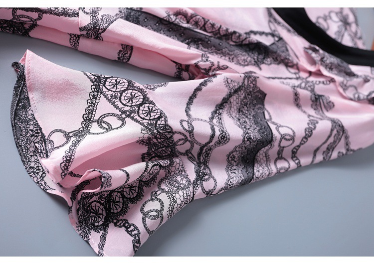 2019 short sleeve lace-up v-neck printed silk dress MIDI skirt womenswear temperament fashion big skirt woman #95055