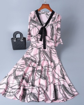 2019 short sleeve lace-up v-neck printed silk dress MIDI skirt womenswear temperament fashion big skirt woman #95055