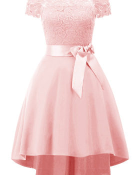 2019 spring and summer hot new high-end short-sleeved lace word collar slim fit stitching irregular dress #95005